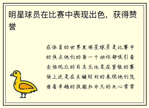 明星球员在比赛中表现出色,获得赞誉