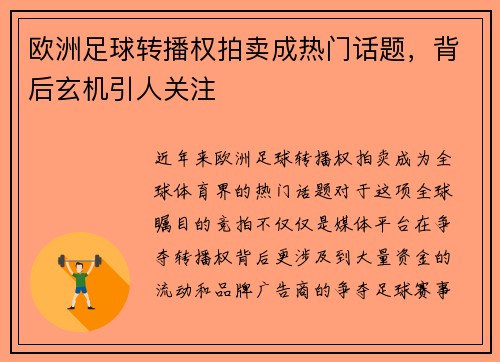 欧洲足球转播权拍卖成热门话题,背后玄机引人关注