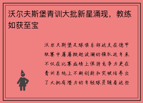 沃尔夫斯堡青训大批新星涌现,教练如获至宝