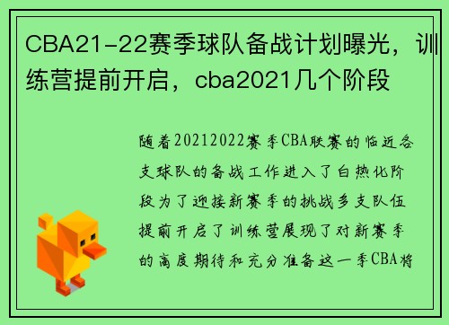 CBA21-22赛季球队备战计划曝光,训练营提前开启,cba2021几个阶段