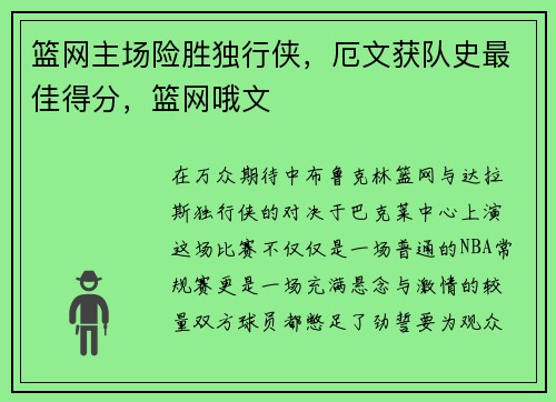 篮网主场险胜独行侠,厄文获队史最佳得分,篮网哦文