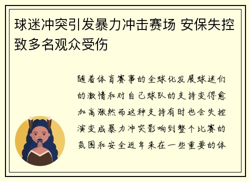 球迷冲突引发暴力冲击赛场 安保失控致多名观众受伤