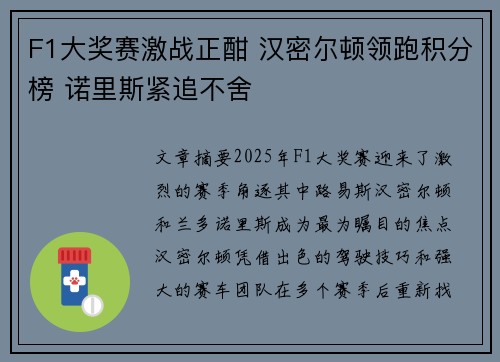 F1大奖赛激战正酣 汉密尔顿领跑积分榜 诺里斯紧追不舍